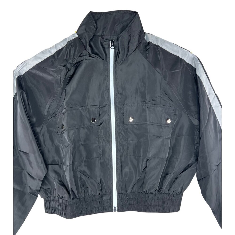 Cest Toi Cropped Black Nylon Jacket With Reflective Stripes & Zippered Front M - Picture 5 of 15